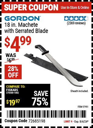 Harbor Freight Coupons, HF Coupons, 20% off - GORDON 18 in. Machete with Serrated Blade for $5.99