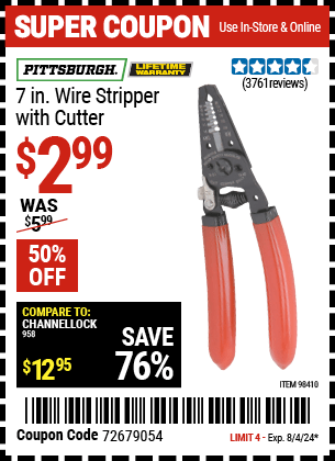 Harbor Freight Coupons, HF Coupons, 20% off - PITTSBURGH 7 in. Wire Stripper with Cutter for $2.99
