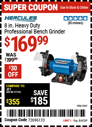 Harbor Freight Coupons, HF Coupons, 20% off - HERCULES 8 in. Heavy Duty Professional Bench Grinder for $149.99