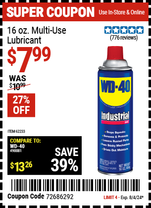 Harbor Freight Coupons, HF Coupons, 20% off - 16 Oz Wd-40 Lubricants