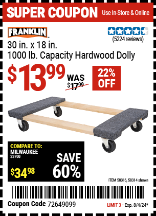 Harbor Freight Coupons, HF Coupons, 20% off - FRANKLIN 30 in. x 19 in. 1000 lb. Capacity Hardwood Dolly 