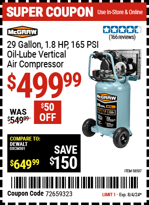 Harbor Freight Coupons, HF Coupons, 20% off - MCGRAW 29 gallon, 1.8 HP, 165 PSI Oil-Lube Vertical Air Compressor for $499.99