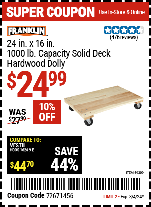 Harbor Freight Coupons, HF Coupons, 20% off - FRANKLIN 24 in. x 16 in. 1000 lb. Capacity Solid Deck Hardwood Dolly 