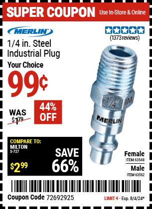 Harbor Freight Coupons, HF Coupons, 20% off - MERLIN 1/4 in. Steel Industrial Plug for $1