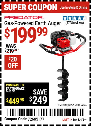 Harbor Freight Coupons, HF Coupons, 20% off - PREDATOR Gas Powered Earth Auger 