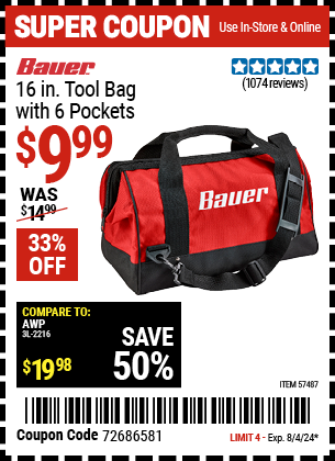 Harbor Freight Coupons, HF Coupons, 20% off - 16 In. Tool Bag With 6 Pockets