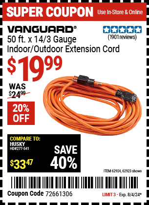 Harbor Freight Coupons, HF Coupons, 20% off - 50ft.x14gauge Outdoor Extension Cord
