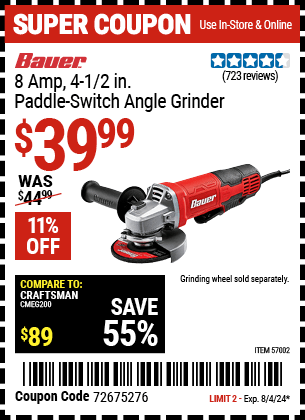 Harbor Freight Coupons, HF Coupons, 20% off - 8 Amp 4-1/2 in. Paddle Switch Angle Grinder