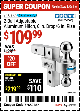 Harbor Freight Coupons, HF Coupons, 20% off - HAUL-MASTER 2-Ball Adjustable Aluminum Hitch for $109.99