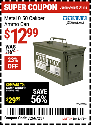Harbor Freight Coupons, HF Coupons, 20% off - .50 Cal Metal Ammo Can