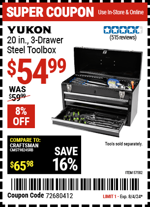 Harbor Freight Coupons, HF Coupons, 20% off - YUKON 20 in. 3 Drawer Steel Toolbox for $49.99