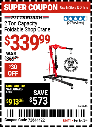 Harbor Freight Coupons, HF Coupons, 20% off - PITTSBURGH 2 Ton-Capacity Foldable Shop Crane 