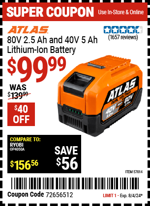 Harbor Freight Coupons, HF Coupons, 20% off - ATLAS 80V 2.5 Ah 40V 5.0Ah Lithium-Ion Battery for $119.99