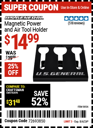 Harbor Freight Coupons, HF Coupons, 20% off - U.S. GENERAL Magnetic Power and Air Tool Holder for $14.99