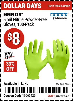 Harbor Freight Coupons, HF Coupons, 20% off - Powder-Free Nitrile Gloves Pack of 100