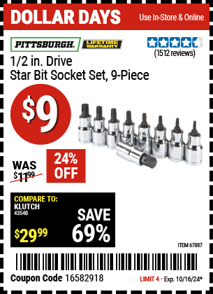 Harbor Freight Coupons, HF Coupons, 20% off - 1/2 in. Drive Star Bit Socket Set, 9 Pc.