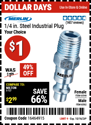 Harbor Freight Coupons, HF Coupons, 20% off - MERLIN 1/4 in. Steel Industrial Plug for $1