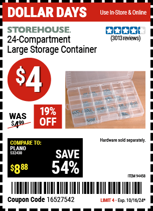 Harbor Freight Coupons, HF Coupons, 20% off - 24 Compartment Large Storage Container