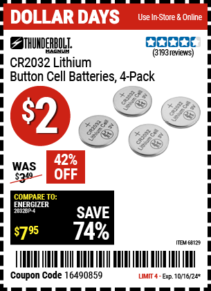 Harbor Freight Coupons, HF Coupons, 20% off - Lithium Button Cell Batteries Pack Of 4