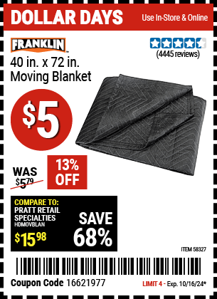 Harbor Freight Coupons, HF Coupons, 20% off - FRANKLIN 40 in. x 72 in. Moving Blanket 