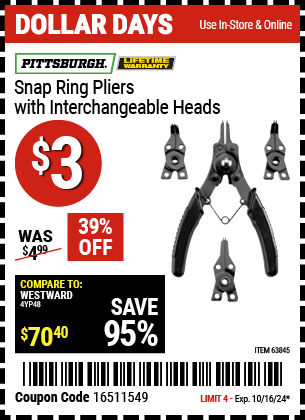 Harbor Freight Coupons, HF Coupons, 20% off - Pittsburgh Snap Ring Pliers With Interchangeable Heads