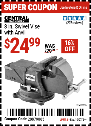 Harbor Freight Coupons, HF Coupons, 20% off - CENTRAL MACHINERY 3 in. Swivel Vise with Anvil for $24.99