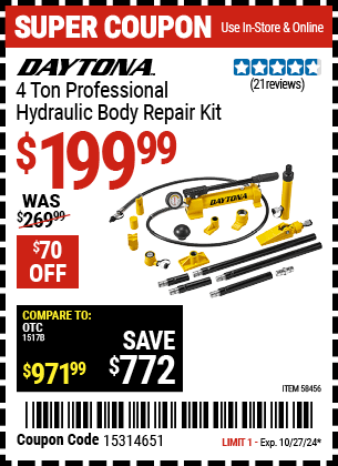 Harbor Freight Coupons, HF Coupons, 20% off - DAYTONA 4 Ton Professional Hydraulic Body Repair Kit for $189.99