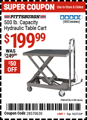 Harbor Freight Coupons, HF Coupons, 20% off - 500 Lb. Capacity Hydraulic Table Cart