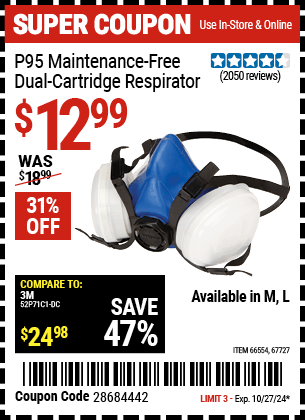 Harbor Freight Coupons, HF Coupons, 20% off - P95 Maintenance-free Dual Cartridge Respirators