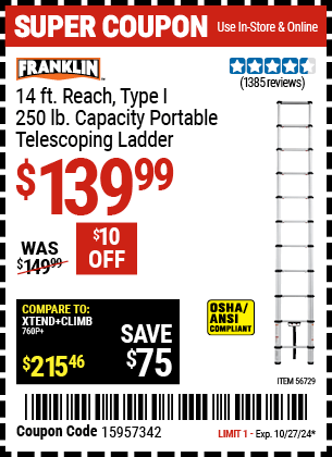 Harbor Freight Coupons, HF Coupons, 20% off - FRANKLIN Portable 14 Ft. Telescoping Ladder for $99.99