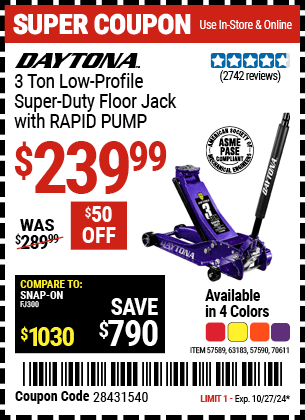 Harbor Freight Coupons, HF Coupons, 20% off - 3 Ton Daytona Professional Steel Floor Jack - Super Duty