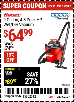 Harbor Freight Coupons, HF Coupons, 20% off - 9 Gallon Wet/dry Vacuum