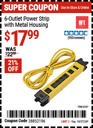 Harbor Freight Coupons, HF Coupons, 20% off - 6 Outlet Heavy Duty Power Strip With Metal Housing