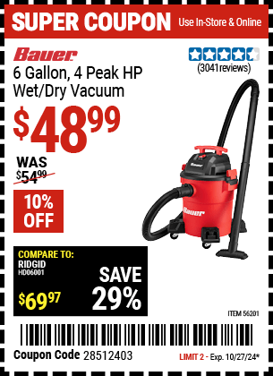 Harbor Freight Coupons, HF Coupons, 20% off - Bauer 6 Gallon Wet Dry Vacuum