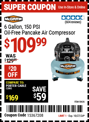 Harbor Freight Coupons, HF Coupons, 20% off - MCGRAW 6 gallon 0.8 HP 150 PSI Oil Free Pancake Air Compressor 