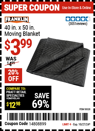 Harbor Freight Coupons, HF Coupons, 20% off - FRANKLIN 40 in. x 50 in. Moving Blanket for $4.49