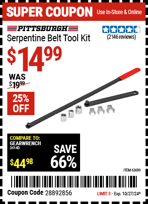 Harbor Freight Coupons, HF Coupons, 20% off - Serpentine Belt Tool Kit