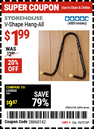 Harbor Freight Coupons, HF Coupons, 20% off - STOREHOUSE V-Shape Hang-All for $1.49