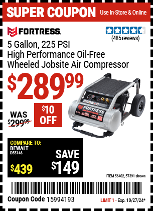 Harbor Freight Coupons, HF Coupons, 20% off - 5 Gallon  225 PSI High Performance Wheeled Jobsite Air Compressor