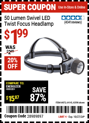 Harbor Freight Coupons, HF Coupons, 20% off - Headlamp With Swivel Lens