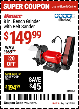 Harbor Freight Coupons, HF Coupons, 20% off - BAUER 8 in. Bench Grinder with Belt Sander 