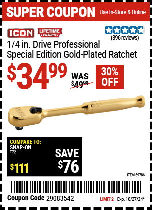 Harbor Freight Coupons, HF Coupons, 20% off - ICON 1/4 in. Drive Professional Special Edition Gold Plated Ratchet 