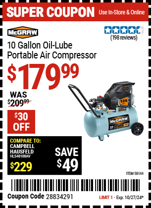 Harbor Freight Coupons, HF Coupons, 20% off - 10 Gallon Oil-Lube Portable Air Compressor