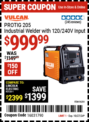 Harbor Freight Coupons, HF Coupons, 20% off - Vulcan Protig 205 Industrial Welder With 120/240 Volt Input