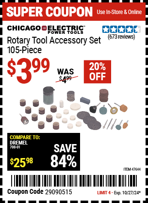 Harbor Freight Coupons, HF Coupons, 20% off - 105 Piece Rotary Tool Accessory Set