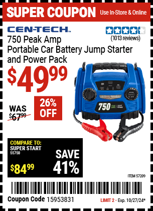 Harbor Freight Coupons, HF Coupons, 20% off - 750 Peak Amp Portable Jump Starter and Power Pack