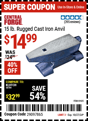 Harbor Freight Coupons, HF Coupons, 20% off - 15 Lb. Rugged Cast Iron Anvil