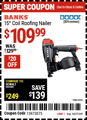 Harbor Freight Coupons, HF Coupons, 20% off - Banks 15deg. Coil Roofing Nailer