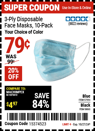 Harbor Freight Coupons, HF Coupons, 20% off - 3-Ply Disposable Face Masks