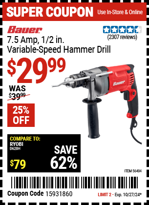 Harbor Freight Coupons, HF Coupons, 20% off - 1/2 in.  7.5  Amp Variable Speed Reversible Hammer Drill